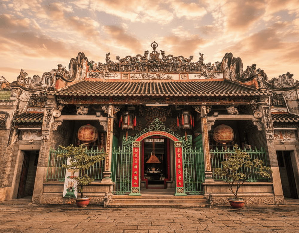 The ornate rooftop of Ba Thien Hau Pagoda adorned with ceramic dragons and historical murals, standing out against the sky